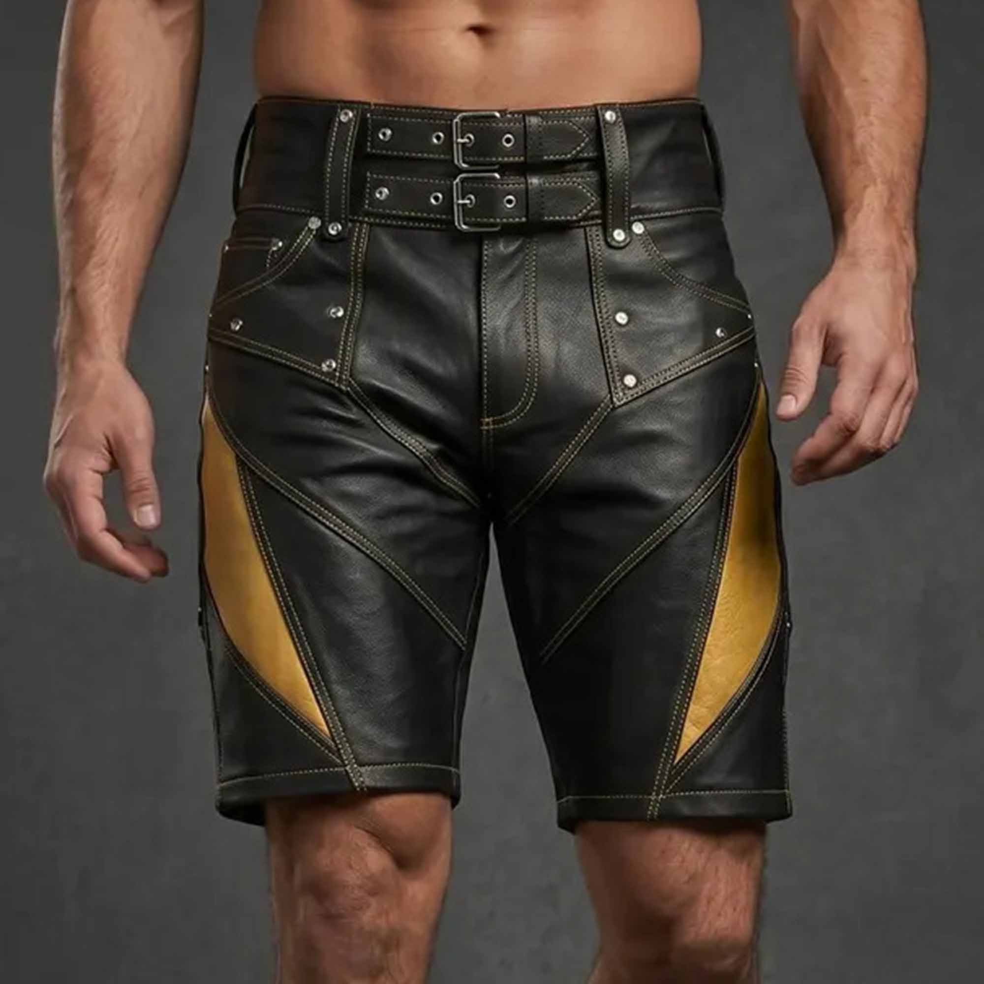 Studio front view of men's athletic leather shorts with two-tone black and yellow panels, rivet accents, and heavy contrast stitching.