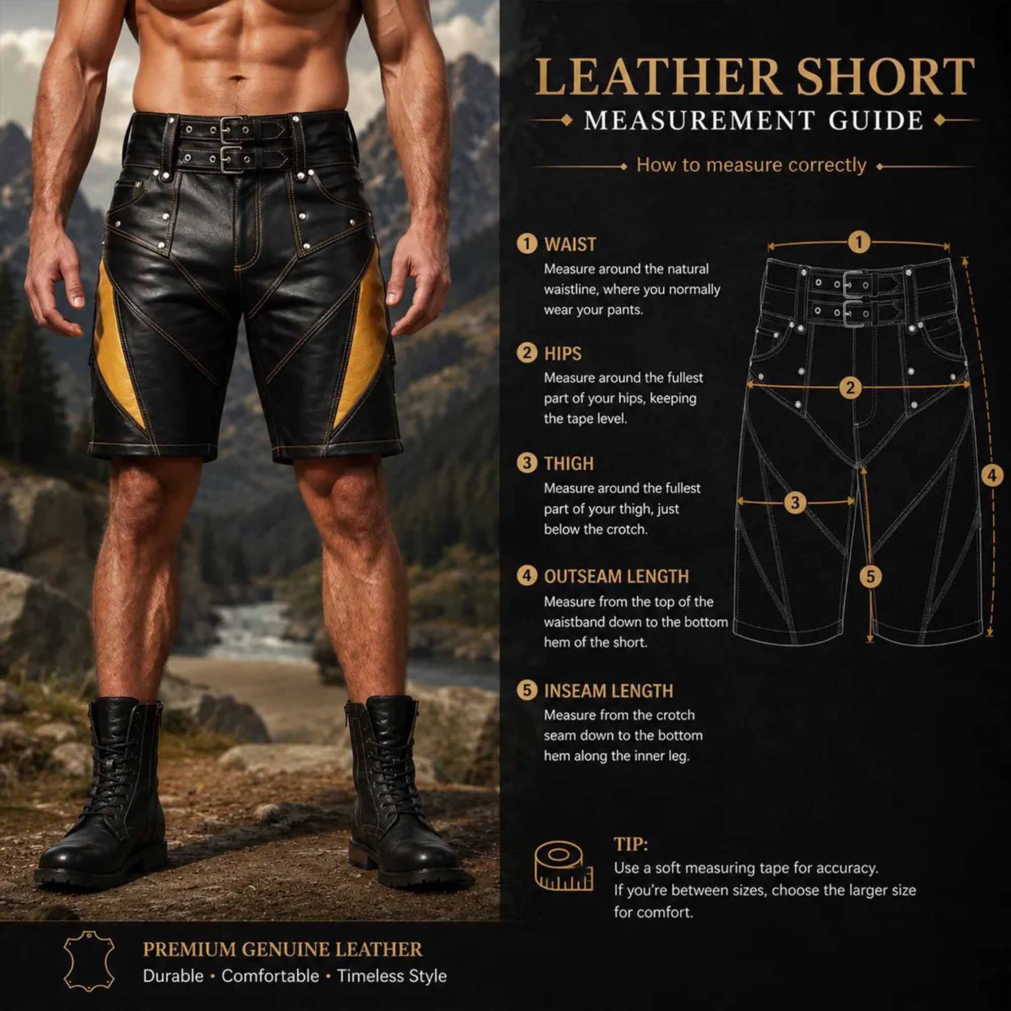 Detailed measurement guide diagram for men's leather shorts showing waist, hips, thigh, outseam, and inseam measuring instructions.
