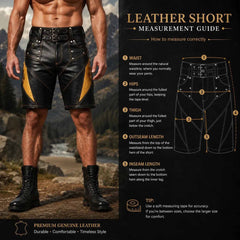 Detailed measurement guide diagram for men's leather shorts showing waist, hips, thigh, outseam, and inseam measuring instructions.