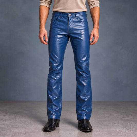 Full-length front view of man wearing tailored royal blue cowhide leather slim bootcut pants with black dress boots