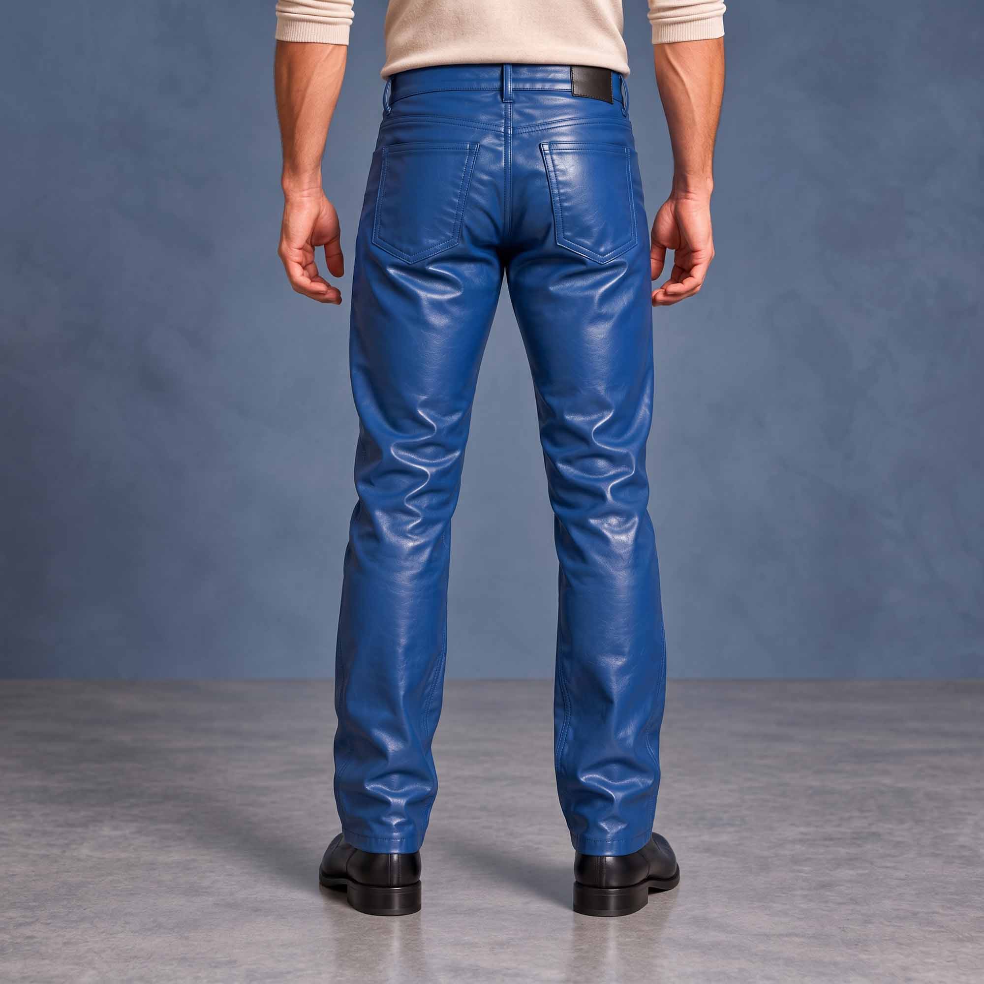 Back view of men's blue leather pants highlighting dual patch pockets, waistband patch, and slim tailoring