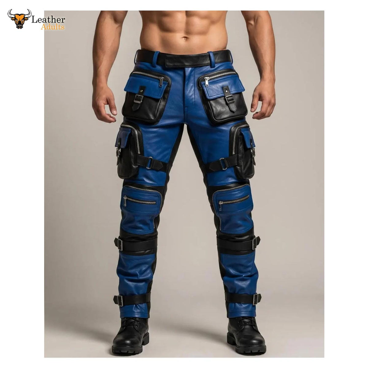 Men's Blue & Black Leather Tactical Biker Trousers