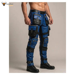 Men's Blue & Black Leather Tactical Biker Trousers