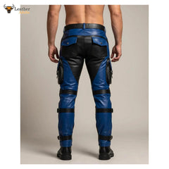 Men's Blue & Black Leather Tactical Biker Trousers