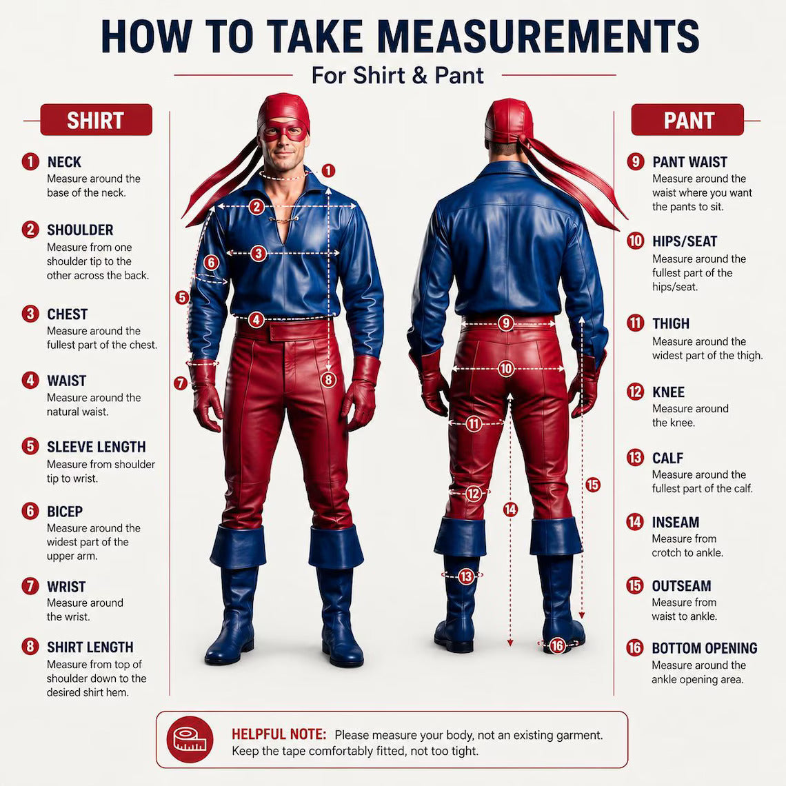 Comprehensive sizing infographic detailing body measurement points for the custom-tailored leather shirt and pants.