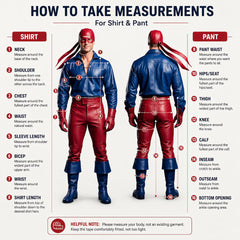 Comprehensive sizing infographic detailing body measurement points for the custom-tailored leather shirt and pants.