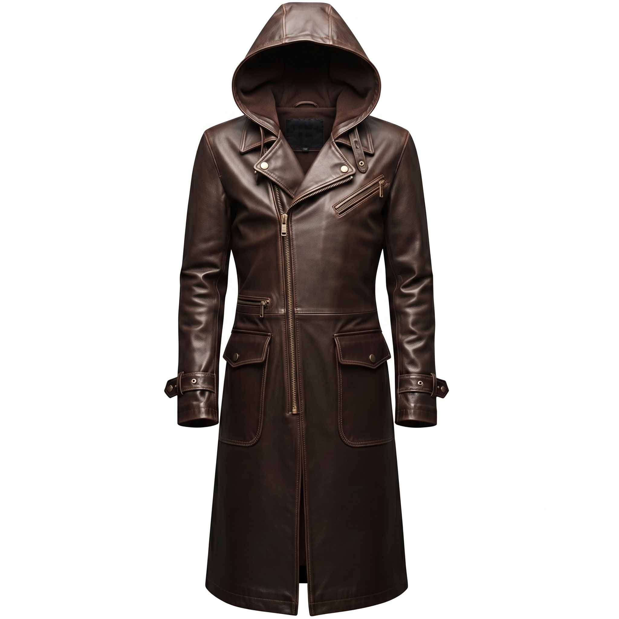 Front view of handmade brown cowhide leather hooded trench coat with asymmetrical zipper, wide lapels, and cargo flap pockets on white background