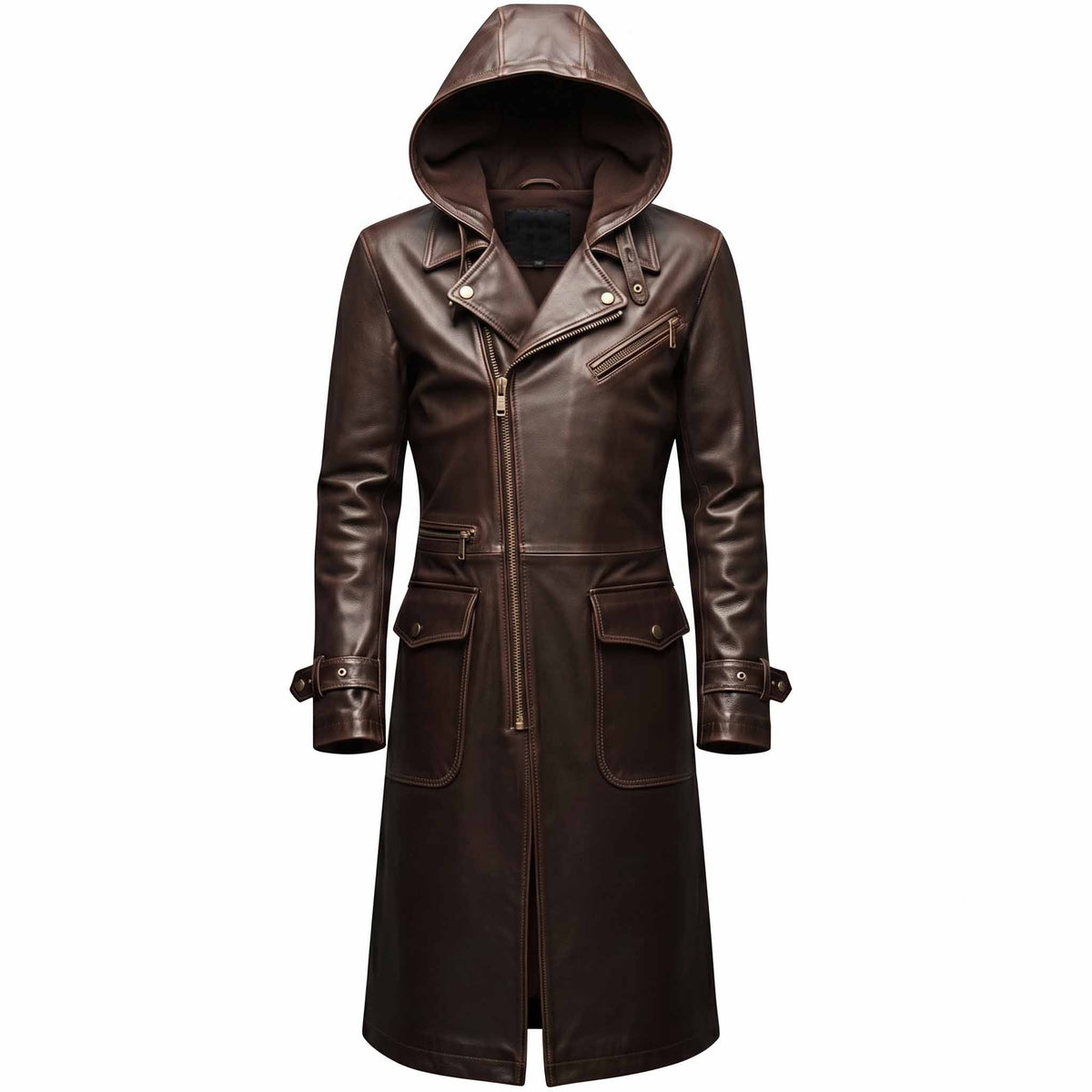 Front view of handmade brown cowhide leather hooded trench coat with asymmetrical zipper, wide lapels, and cargo flap pockets on white background