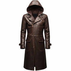 Front view of handmade brown cowhide leather hooded trench coat with asymmetrical zipper, wide lapels, and cargo flap pockets on white background
