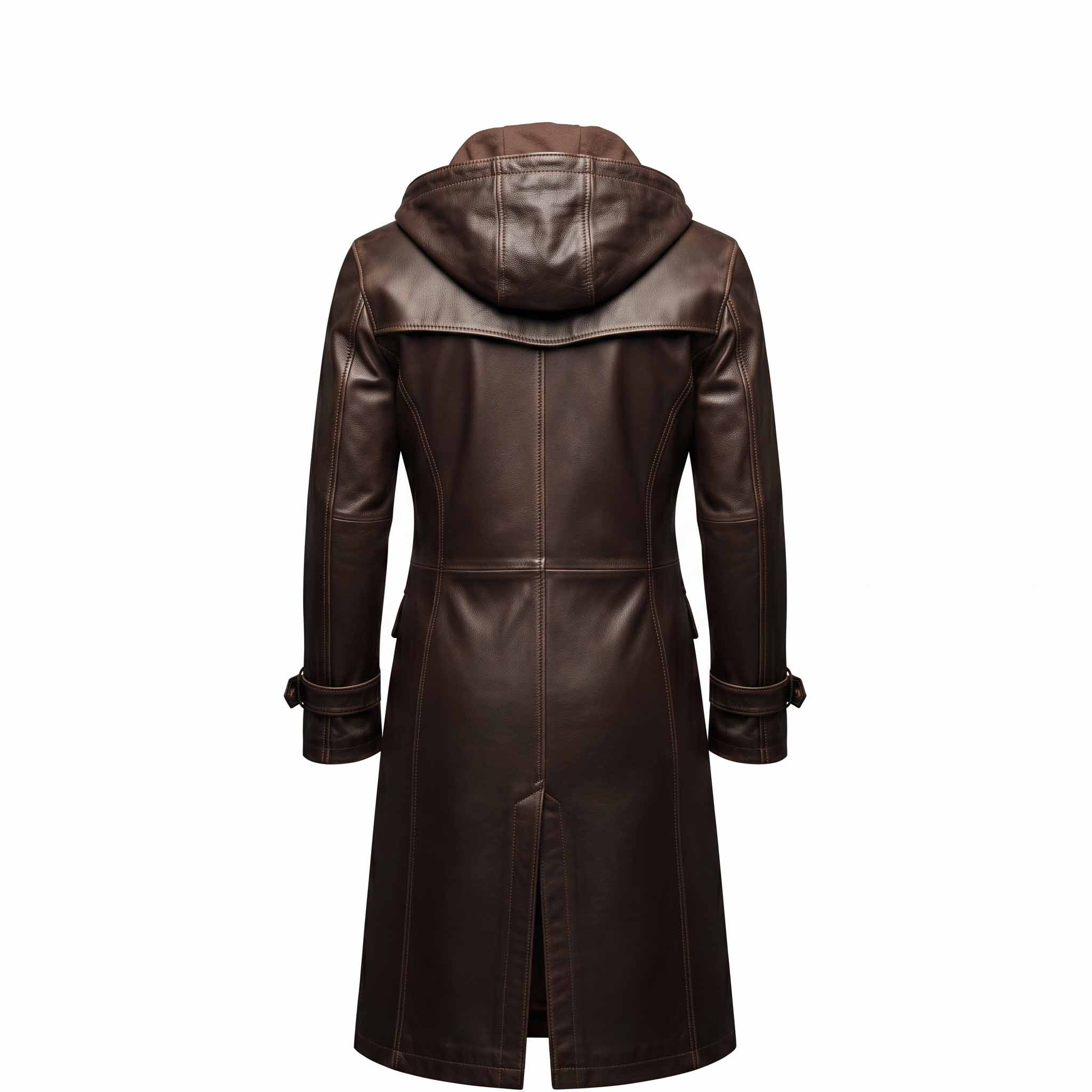 Back view of dark brown leather hooded trench coat displaying resting cowl hood, horizontal storm flap, and tailored waist seams