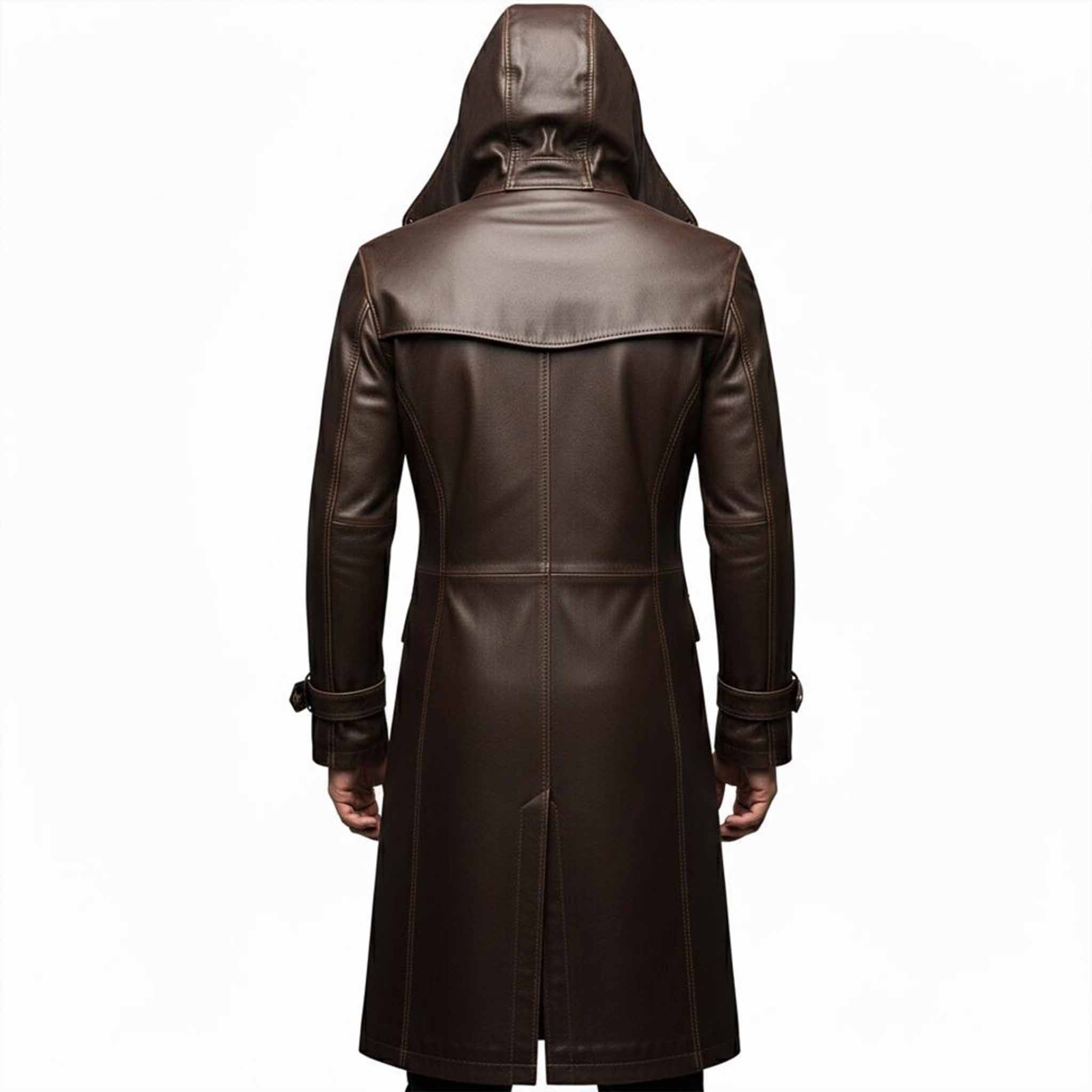 Rear studio view of man wearing brown genuine leather hooded overcoat with hood raised showing full length duster silhouette and walking vent