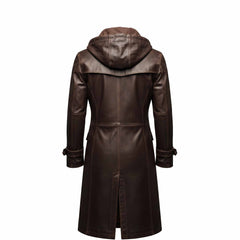 Back view of dark brown leather hooded trench coat displaying resting cowl hood, horizontal storm flap, and tailored waist seams
