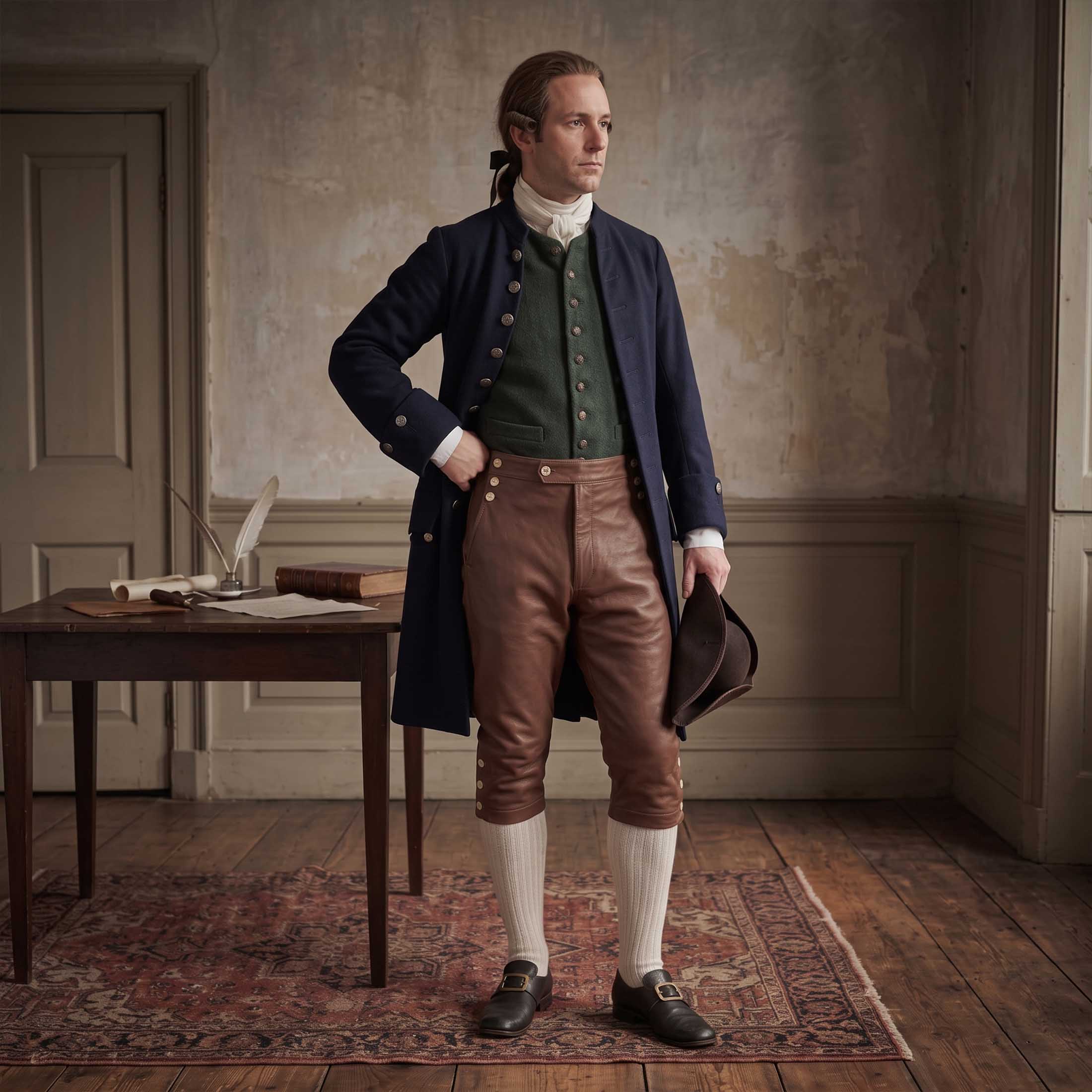 Full length view of colonial gentleman wearing brown leather 18th century breeches navy frock coat and white stockings standing in period room