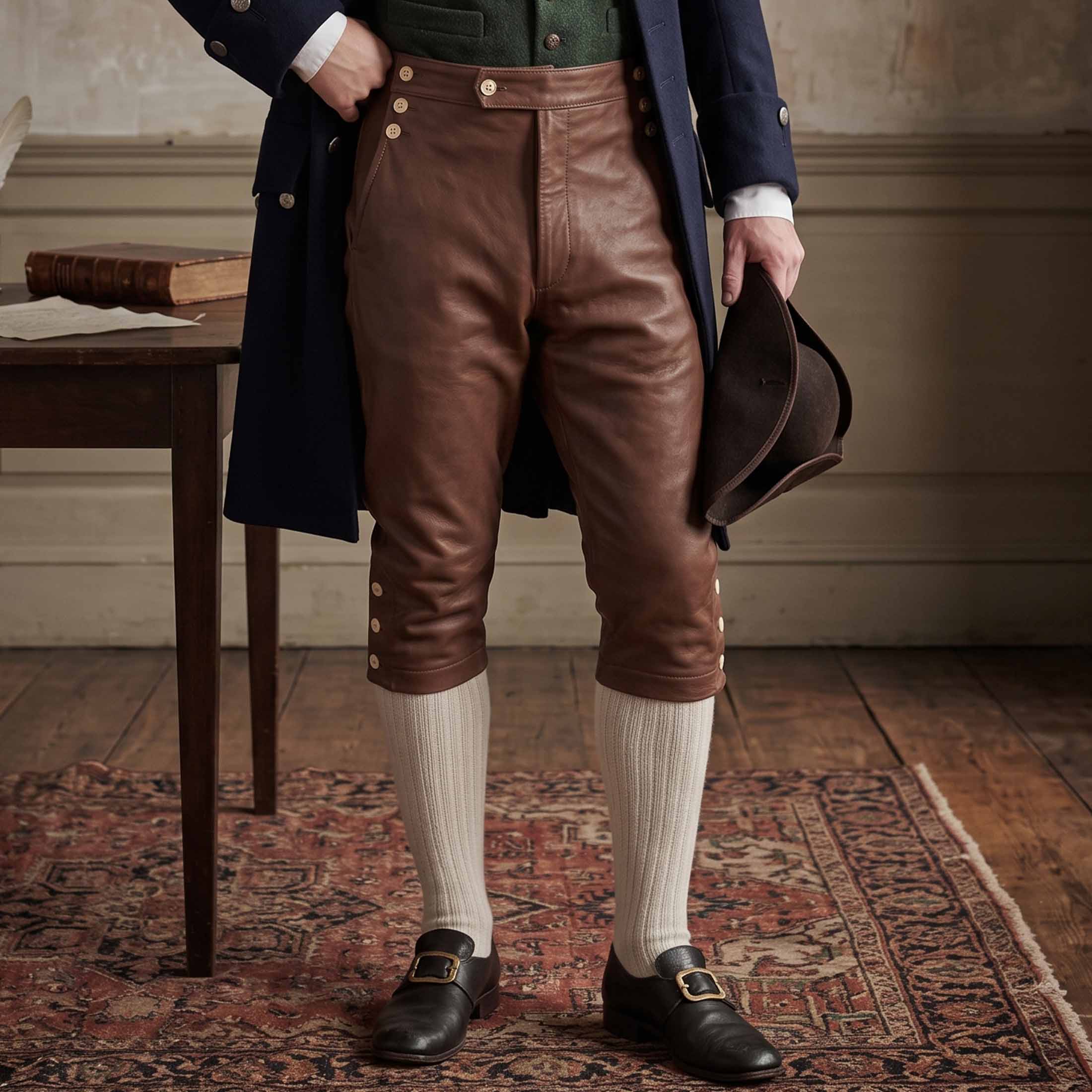 Close up front shot of colonial reenactor wearing brown leather 18th century knee pants white knit stockings and brass buckle shoes on oriental rug