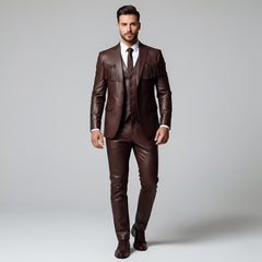 Full-length front view of men's bespoke 3-piece brown genuine leather suit with fringed blazer, matching vest, and tailored pants