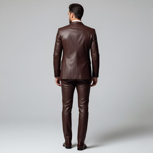 Rear view of tailored men's rich brown leather suit showing smooth back panel jacket and slim-fit matching leather trousers