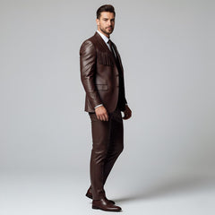Side profile of man wearing brown leather western blazer with chest fringe detailing, white dress shirt, and slim trousers
