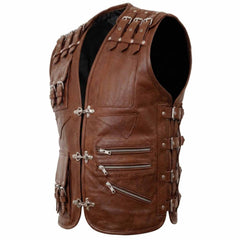 Side profile of brown leather biker vest showing adjustable side buckles and zipper pockets