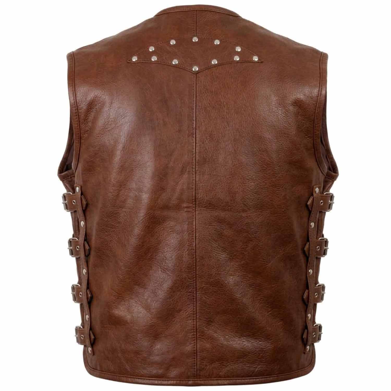 Back view of men's brown leather riding waistcoat with studded top accent and side buckle adjustments