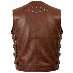 Back view of men's brown leather riding waistcoat with studded top accent and side buckle adjustments
