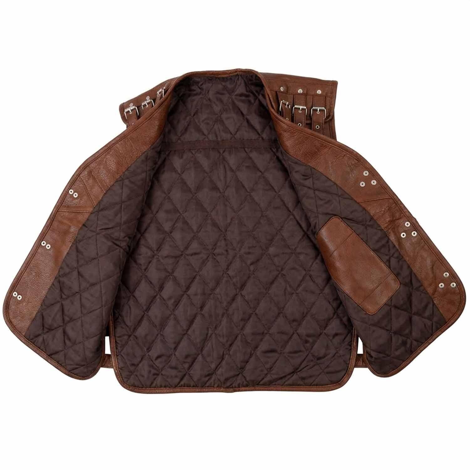 A brown quilted leather vest or chaps-style outerwear piece shown open against a plain white background, with a diamond-quilted interior and smooth leather trim.