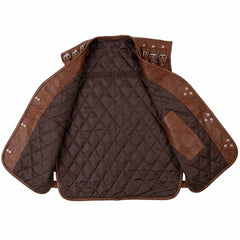 A brown quilted leather vest or chaps-style outerwear piece shown open against a plain white background, with a diamond-quilted interior and smooth leather trim.