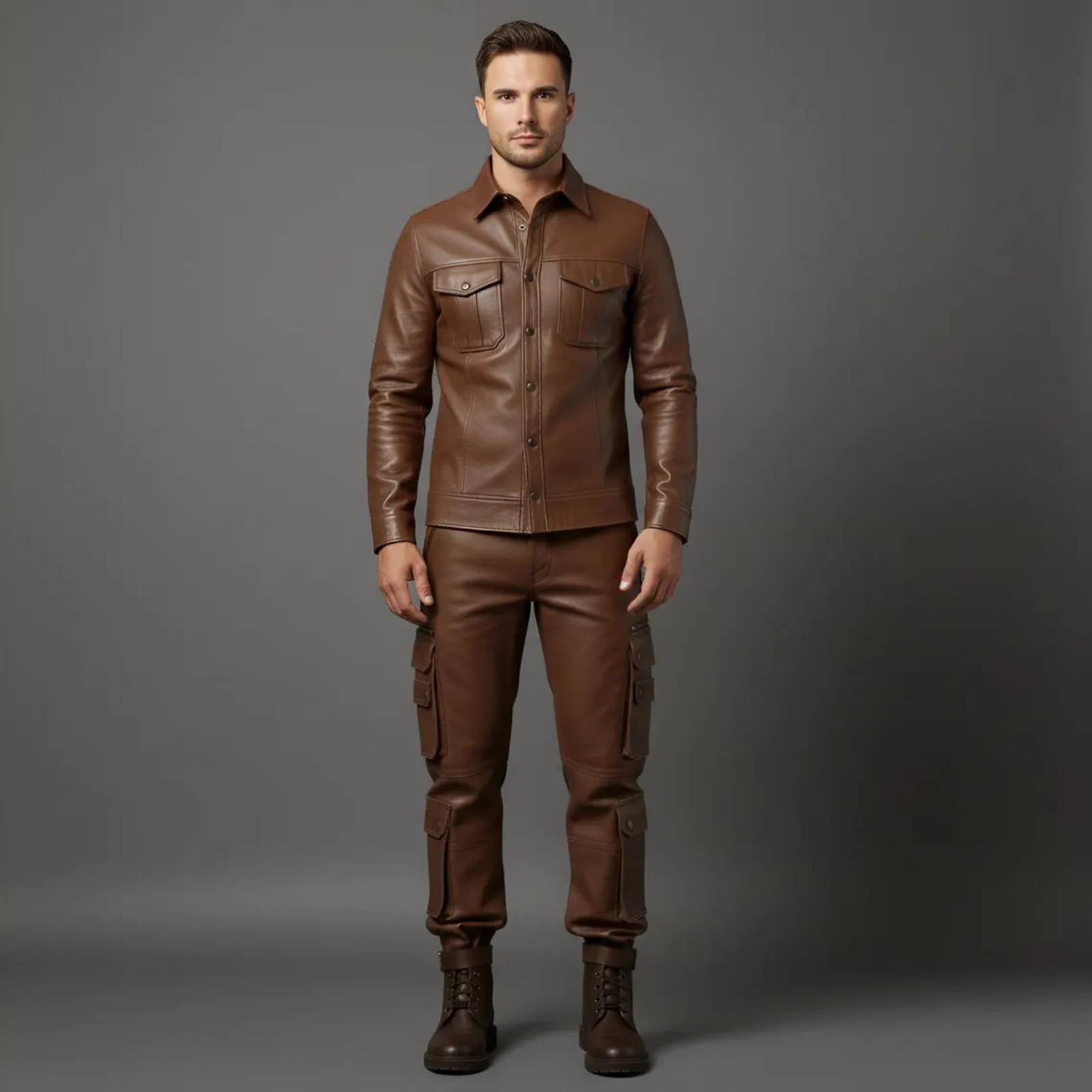 Full front view of a man wearing a brown genuine leather cargo set featuring a button-front jacket and matching multi-pocket slim-fit trousers