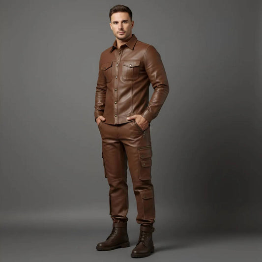 Model posing with hands in pockets showcasing the tailored chest flap pockets and side utility cargo pockets on the men's brown leather set