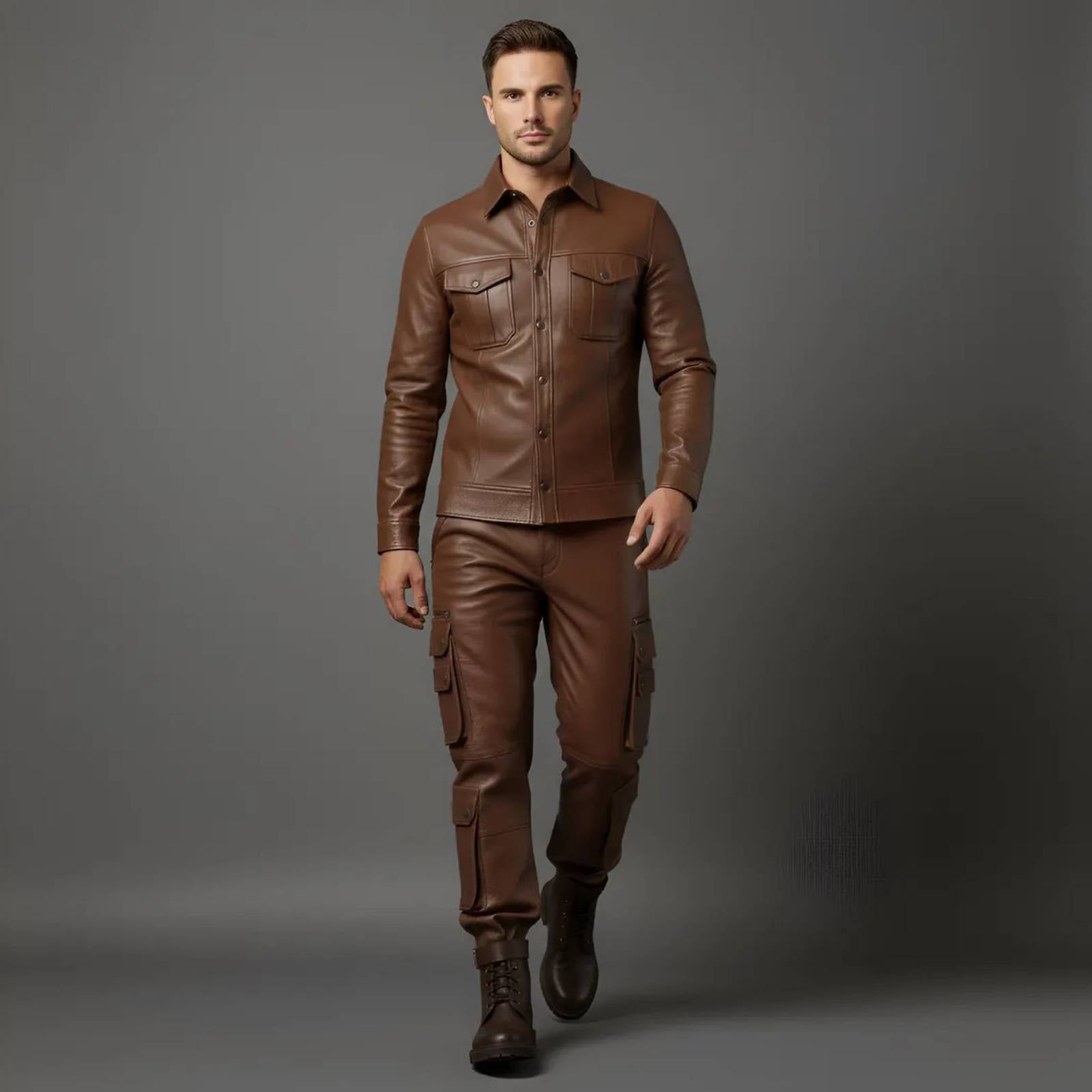 Dynamic walking shot displaying the natural flex and fit of the men's brown leather button jacket and tapered cargo pants paired with boots