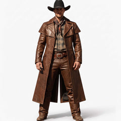Full length front view of handsome rugged cowboy wearing handmade brown leather duster coat, matching leather pants, black western hat, and plaid shirt