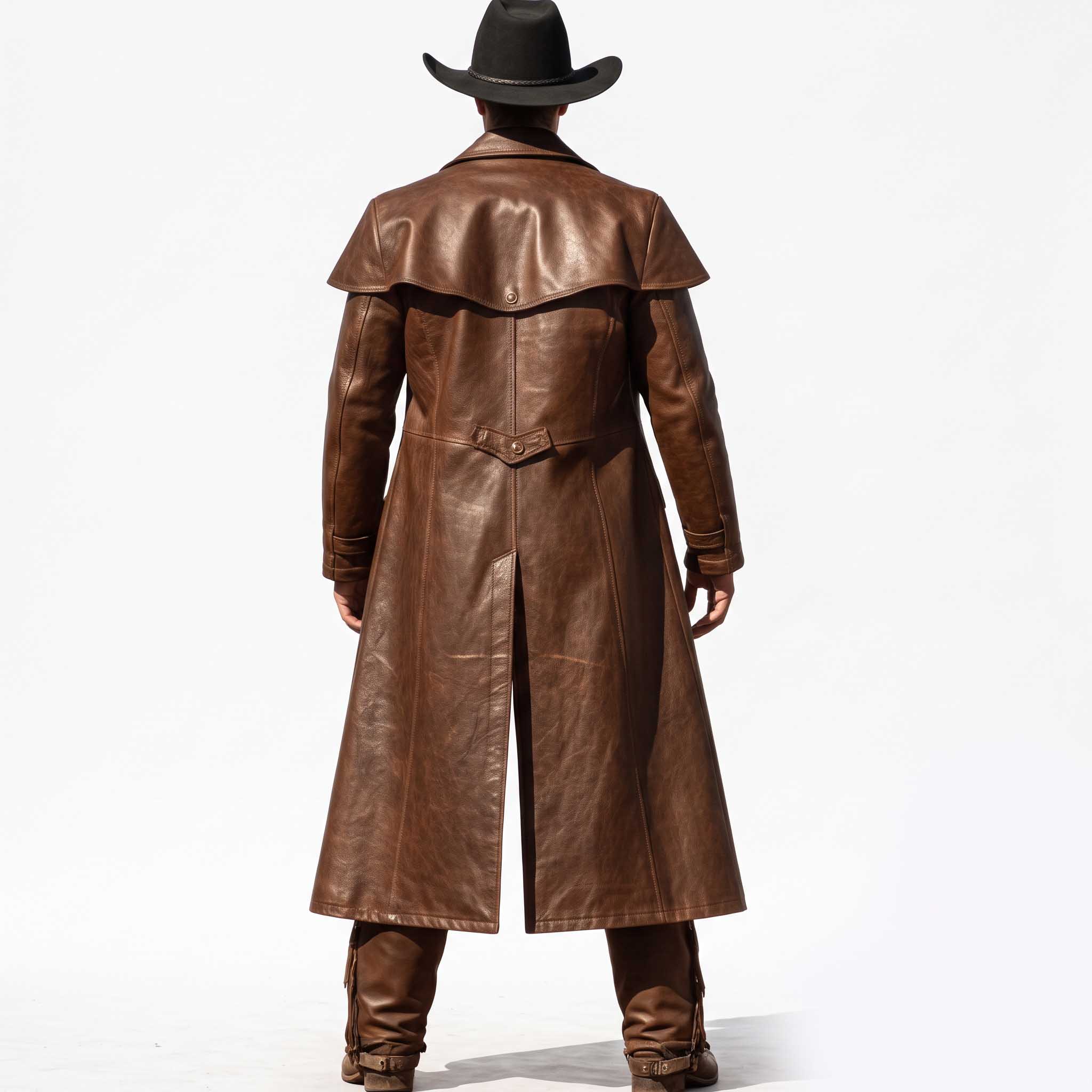 Back view of man wearing brown cowhide leather western duster coat showing wide storm shoulder capelet, center back waist tab, and split saddle vent