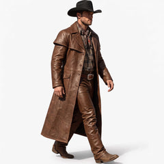 Side profile walking shot of man modeling brown leather cowboy long coat and straight leg leather riding trousers with hands at sides