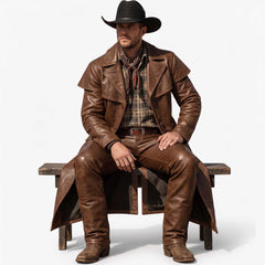 Cowboy sitting on rustic wooden bench wearing brown leather duster coat open over matching leather pants and western buckle belt