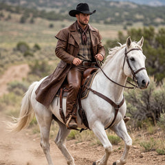 Western rider galloping on white horse across desert trail wearing handmade brown leather duster coat and leather riding pants with black cowboy hat