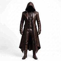 Men's Brown Cowhide Leather Hooded Trench Coat | Gothic Long Winter Duster