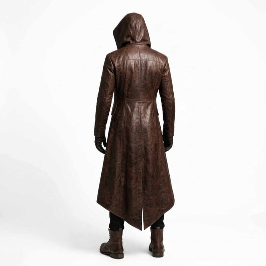 Men's Brown Cowhide Leather Hooded Trench Coat | Gothic Long Winter Duster