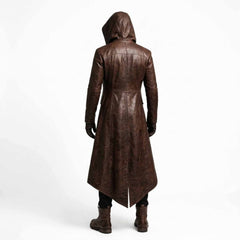 Men's Brown Cowhide Leather Hooded Trench Coat | Gothic Long Winter Duster