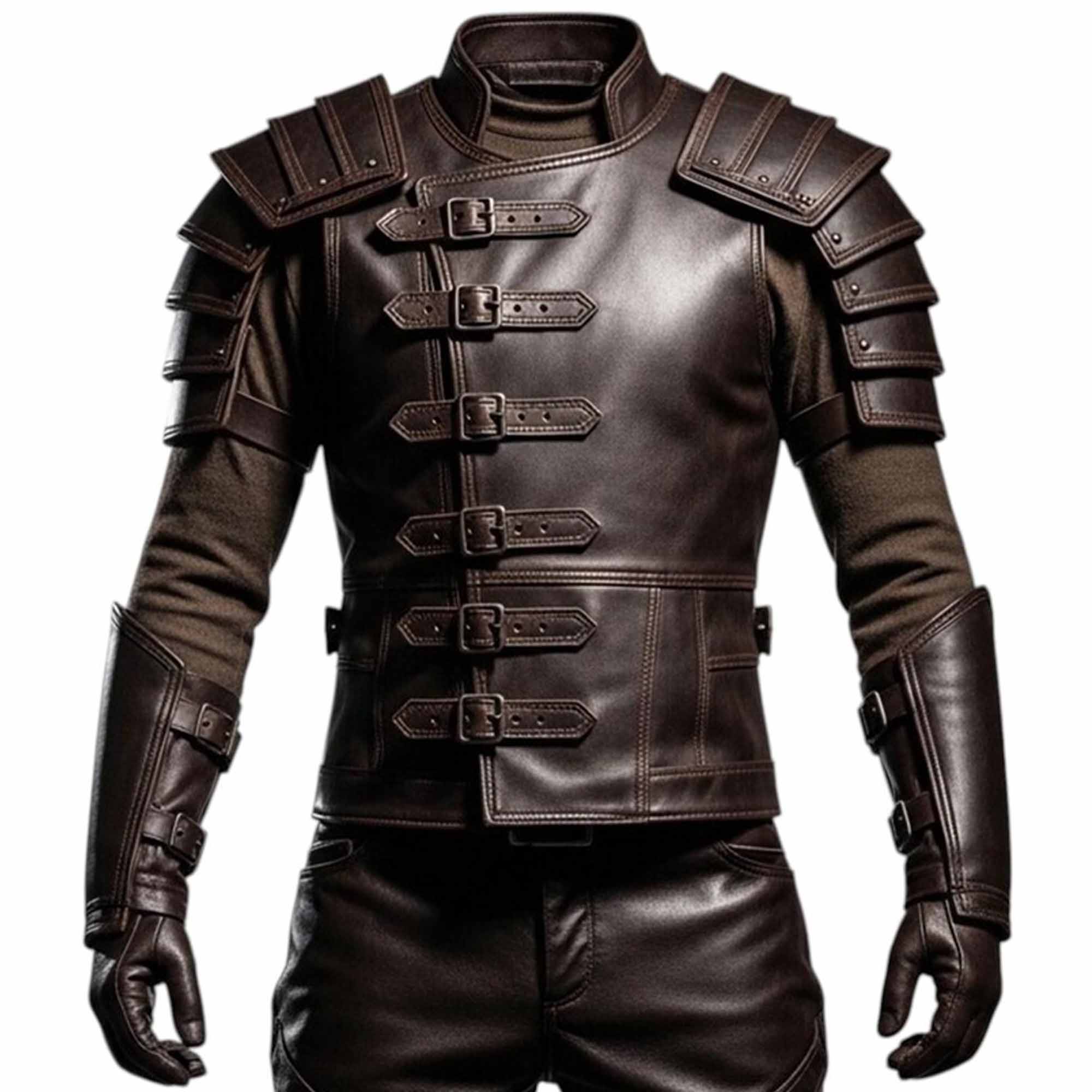 Front view of a men's brown leather medieval armor jacket featuring multiple front buckle straps, structured shoulder plates, and matching forearm guards.