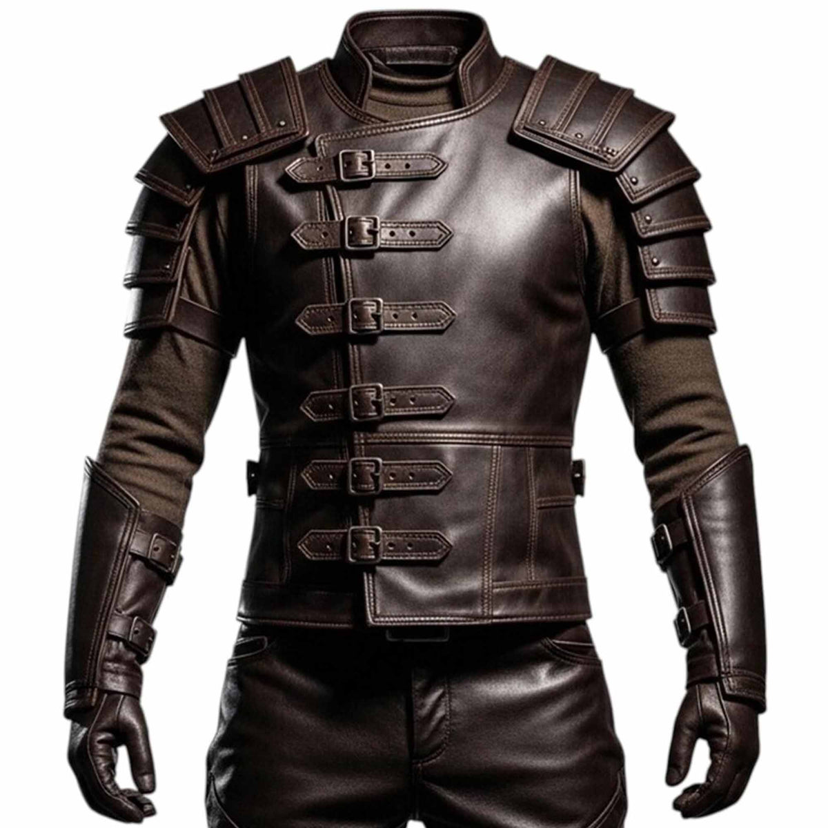 Front view of a men's brown leather medieval armor jacket featuring multiple front buckle straps, structured shoulder plates, and matching forearm guards.