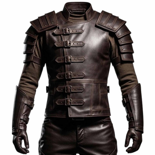 Front view of a men's brown leather medieval armor jacket featuring multiple front buckle straps, structured shoulder plates, and matching forearm guards.