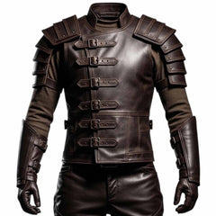 Front view of a men's brown leather medieval armor jacket featuring multiple front buckle straps, structured shoulder plates, and matching forearm guards.