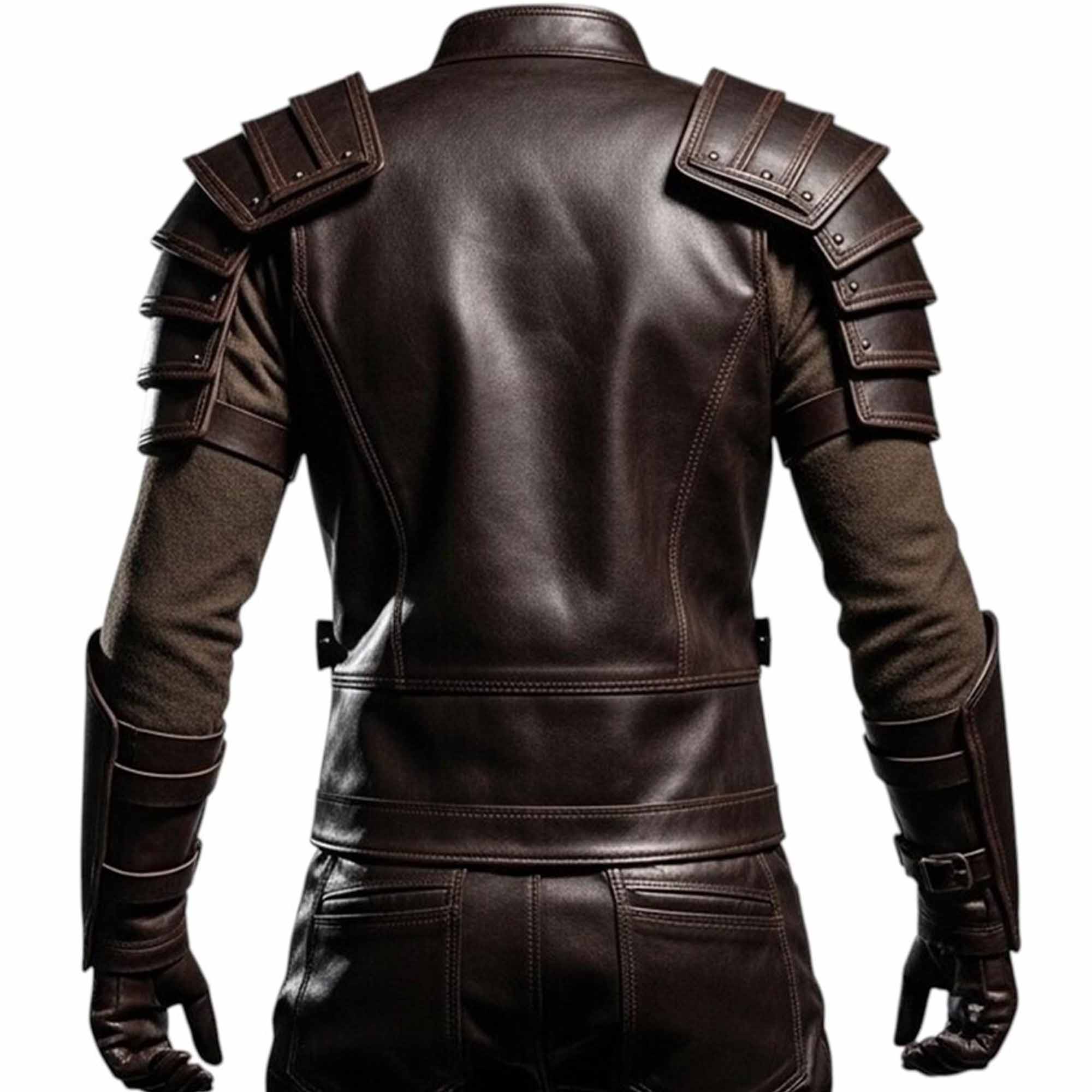 Rear view of the handmade leather knight cuirass jacket showcasing tailored paneling and structured shoulder armor.