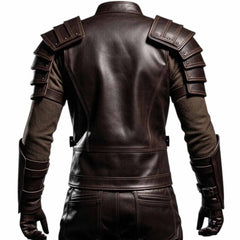 Rear view of the handmade leather knight cuirass jacket showcasing tailored paneling and structured shoulder armor.