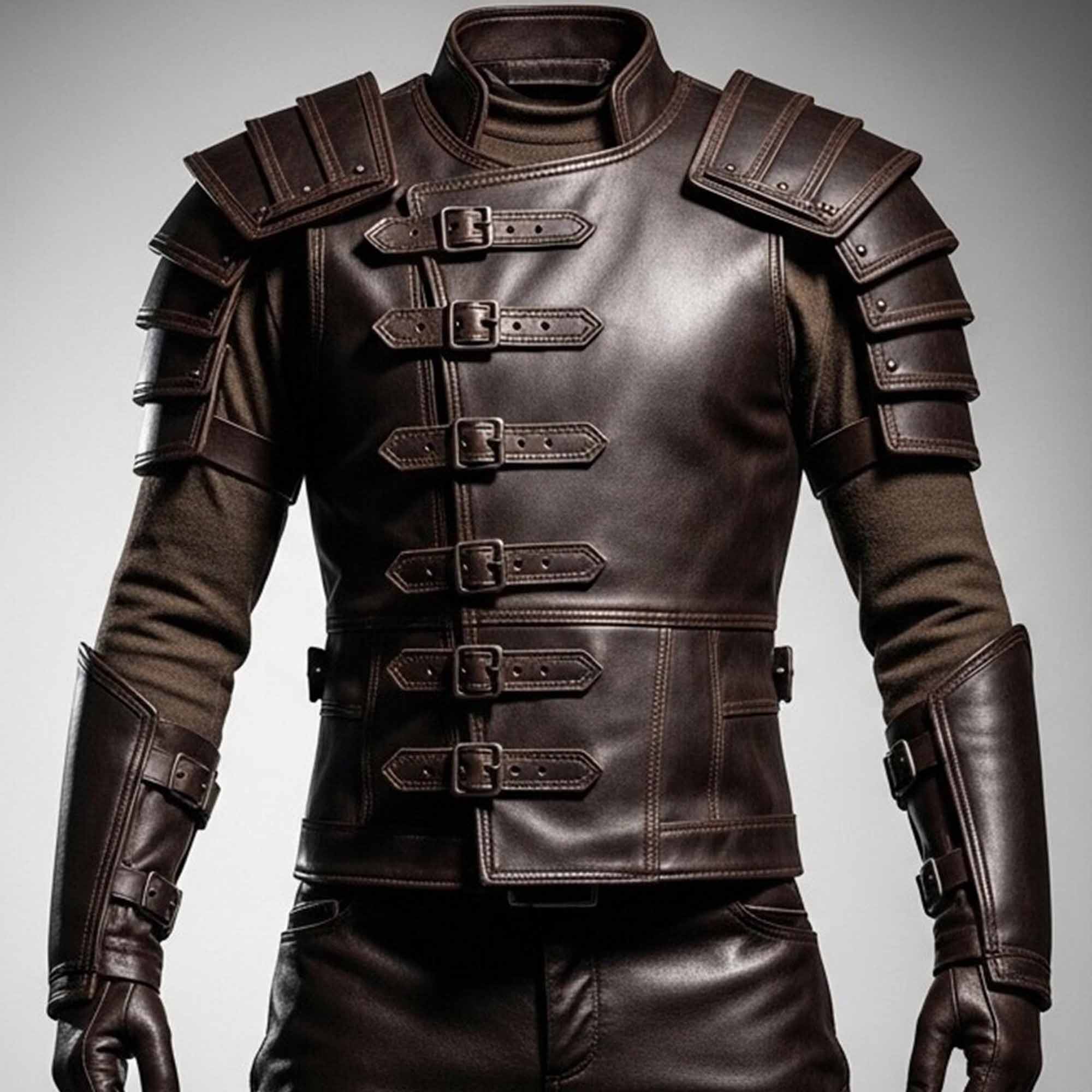 Studio front shot of the brown leather tactical knight jacket with detailed buckle closures against a neutral background.
