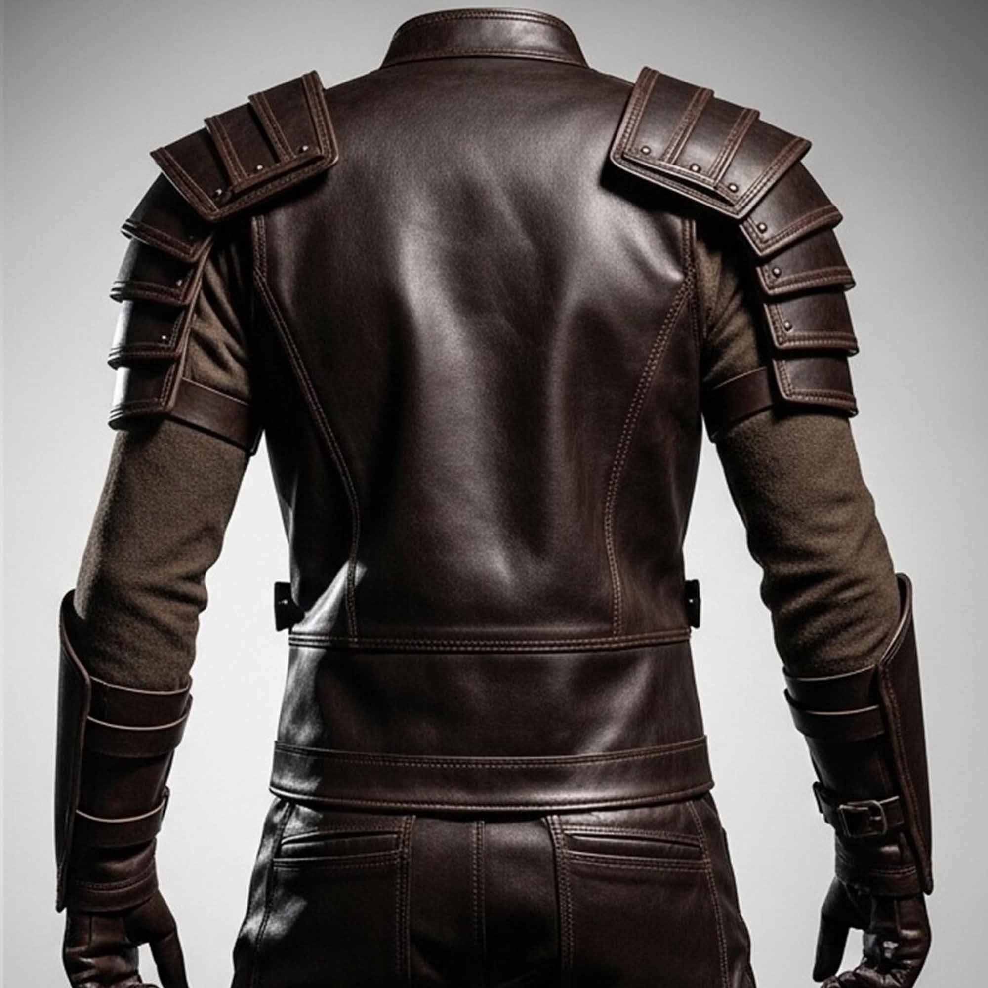 Studio back view of the medieval fantasy leather armor jacket highlighting clean stitching and rugged craftsmanship.