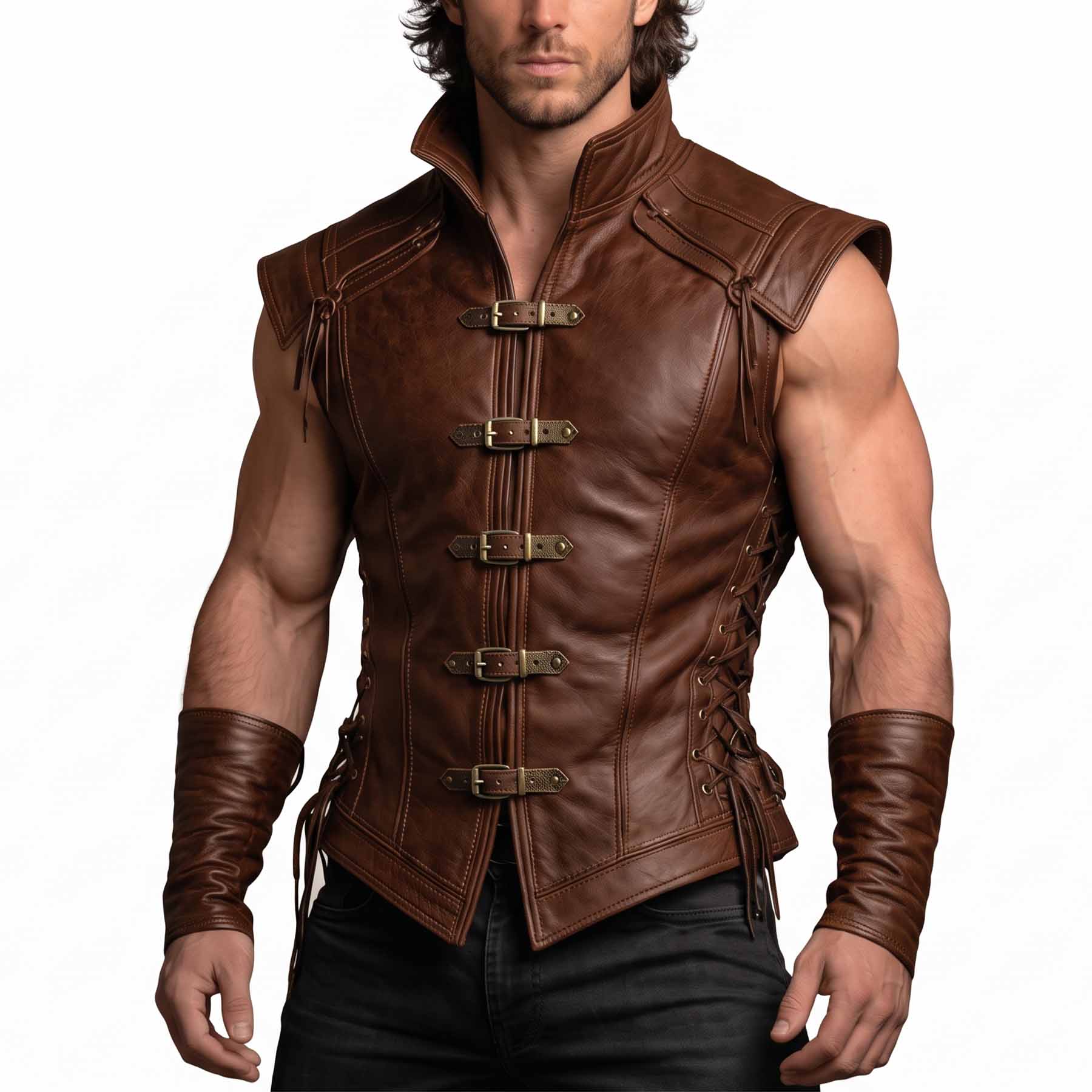 Front close-up of a man wearing the handmade brown leather medieval jerkin featuring five brass buckle front closures, a standing collar, and matching leather forearm bracers.