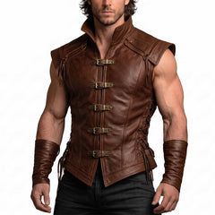 Front close-up of a man wearing the handmade brown leather medieval jerkin featuring five brass buckle front closures, a standing collar, and matching leather forearm bracers.