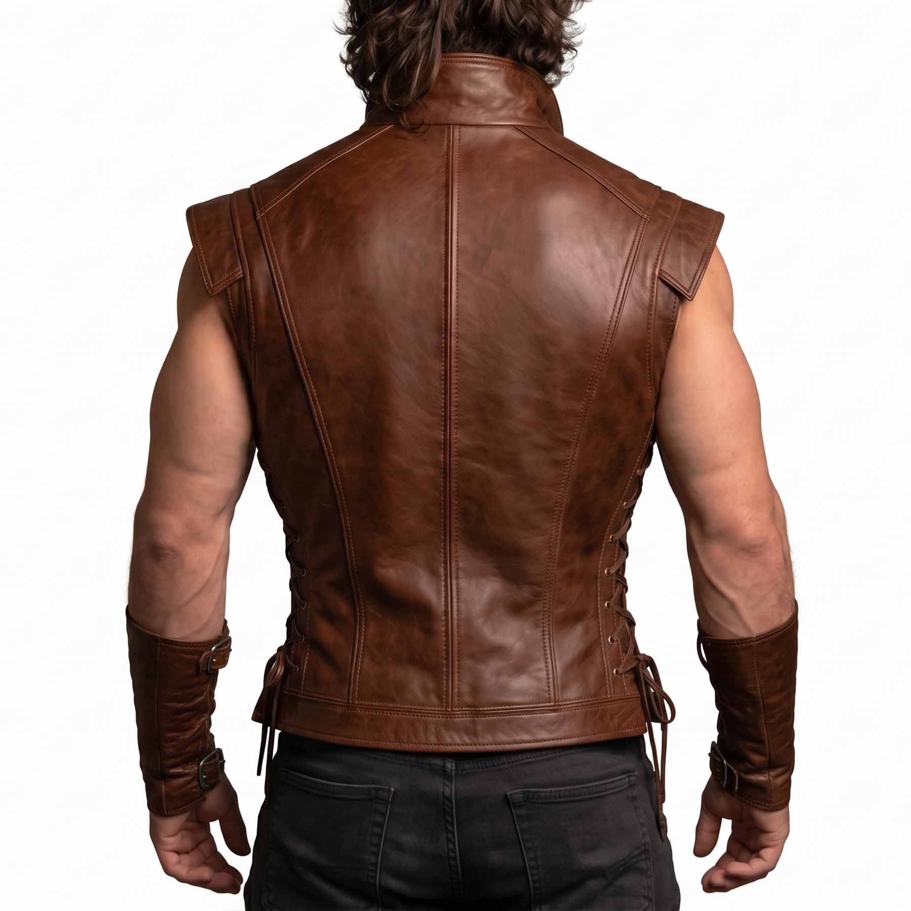 Rear view of the men's brown leather warrior vest showing the tailored back panel stitching, extended shoulder epaulets, and side lacing cords.