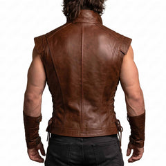 Rear view of the men's brown leather warrior vest showing the tailored back panel stitching, extended shoulder epaulets, and side lacing cords.