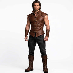 Full-length studio shot of the brown leather medieval Viking armor jerkin paired with matching bracers (black trousers and leather boots not included).